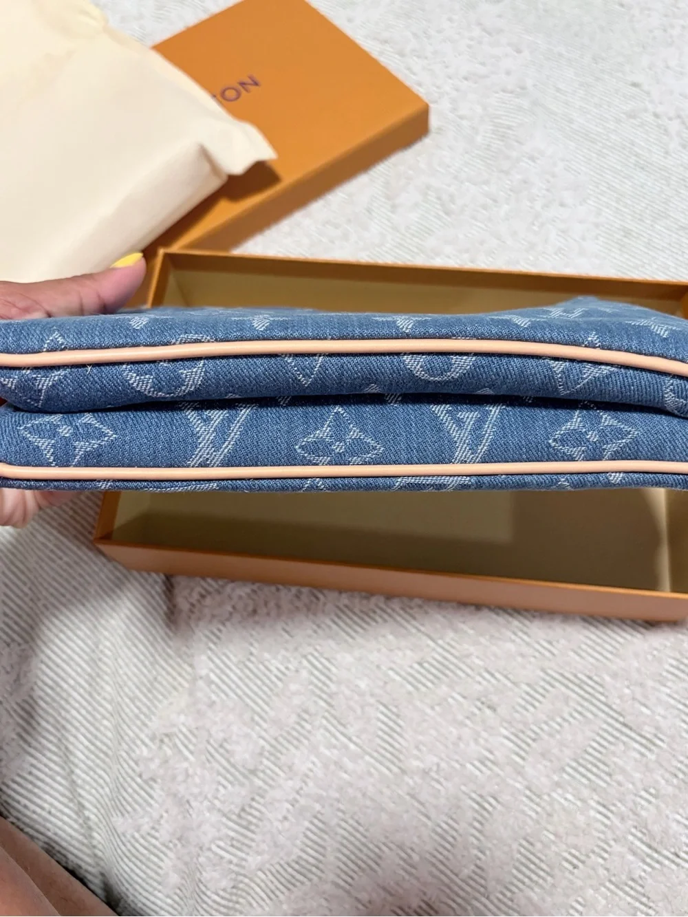 Blue Denim Monogram Zip double Pouch with Straps & Gold Plaque